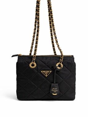 Prada Black Quilted Nylon Shoulder Bag with Gold Chain Straps and Logo Plaque